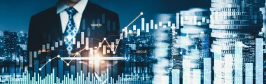 Businessman analyst working with digital finance business data graph showing technology of investment strategy for perceptive financial business decision. Digital economic analysis technology concept.
