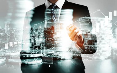 Businessman analyst working with digital finance business data graph showing technology of investment strategy for perceptive financial business decision. Digital economic analysis technology concept.