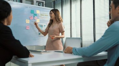 Competent office workers from various nationalities are debating, discussing and brainstorming in the meeting room. A group of employees is collaborating to achieve their business objectives.