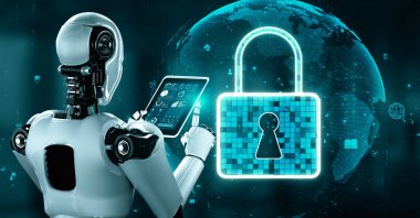 AI robot huminoid uses cloud computing technology to store data on online server . Futuristic concept of cloud information storage analyzed by machine learning process . 3D rendering .