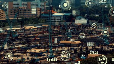 Otomasyon konseptini ve uzaktan kablosuz makine kontrolünü gösteren bir bilgisayar yazılımında fütüristik HUD kullanarak inşaat teknolojisi konsepti üzerinde değişiklik grafiği içeren konsept .