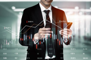 Businessman analyst working with digital finance business data graph showing technology of investment strategy for perceptive financial business decision. Digital economic analysis technology concept.