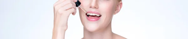 Closeup Personable Portrait Beautiful Woman Applying Essential Oil Bottle Skincare — Stock Fotó
