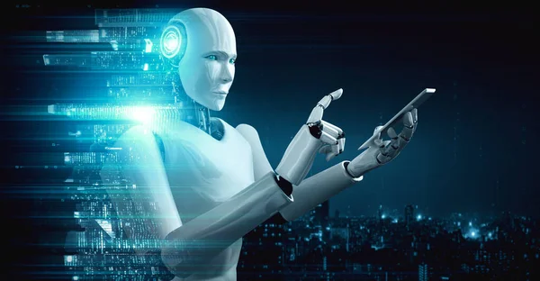 机器人人形机器人使用手机或平板电脑进行全球网络连接 利用人工智能 人工智能和机器学习过程进行第四次工业革命 3D渲染 — 图库照片