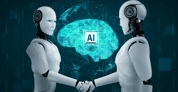 Rendering Hominoid Robot Handshake Collaborate Future Technology Development Thinking Brain — 스톡 사진
