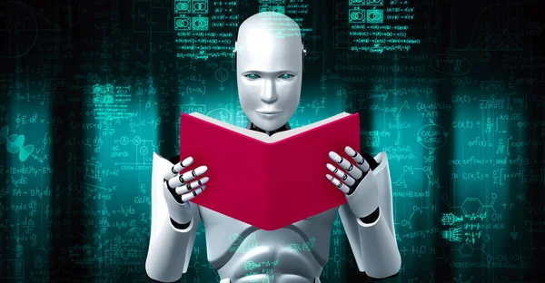 Representación Del Libro Lectura Hominoides Robot Resolución Análisis Datos Matemáticos — Foto de Stock