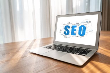 Model e-ticaret için SEO arama motoru optimizasyonu ve bilgisayar ekranında gösterilen çevrimiçi perakende işi