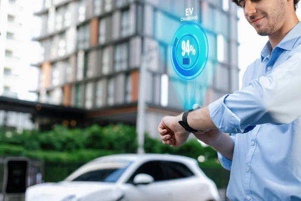 Progressive Businessman Check Wearable Hologram Watch Electric Car Battery Being — Foto Stock
