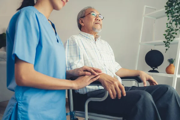 Caring Nurse Contented Senior Man Wheel Chair Home Nursing House — Foto Stock