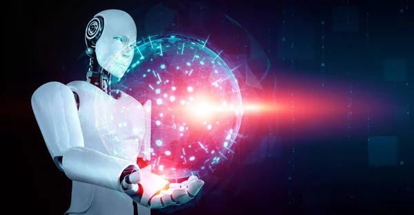 AI hominoid robot holding hologram screen shows concept of global communication network using artificial intelligence thinking by machine learning process. 3D rendering computer graphic.