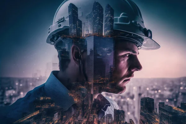 Civil engineer portrait as concept for building construct by professional with hardhat helmet engineer with wondrous double exposure of cityscape, urban with background of skyscraper by generative AI