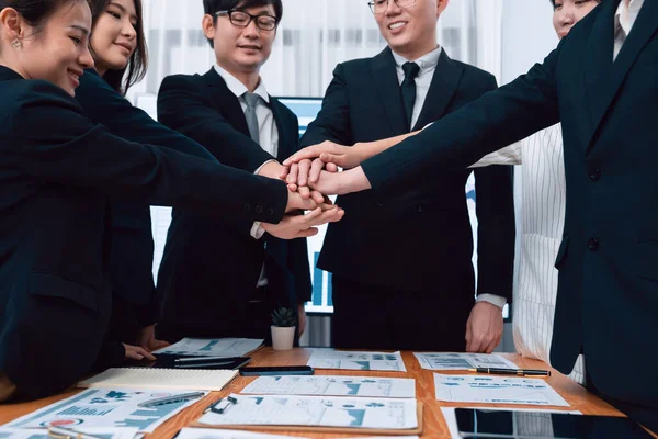 Closeup Business Team Suit Clad Businessmen Women Join Hand Stack — 图库照片
