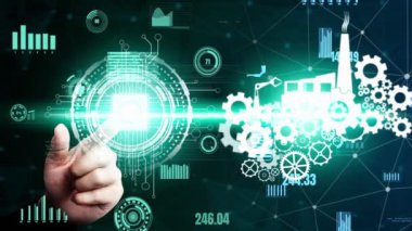 Futuristic industry 4.0 and inventive mechanized engineering concept with graphic user interface showing automation design, robot operation, usage of machine deep learning for future manufacturing.