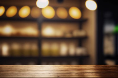 Ahşap masa Bokeh 'li kafe restoranının arka planını bulanıklaştırdı. Kusursuz.