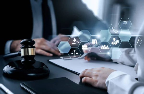 stock image Smart law, legal advice icons and lawyer working tools in the lawyers office showing concept of digital law and online technology of astute law and regulations .