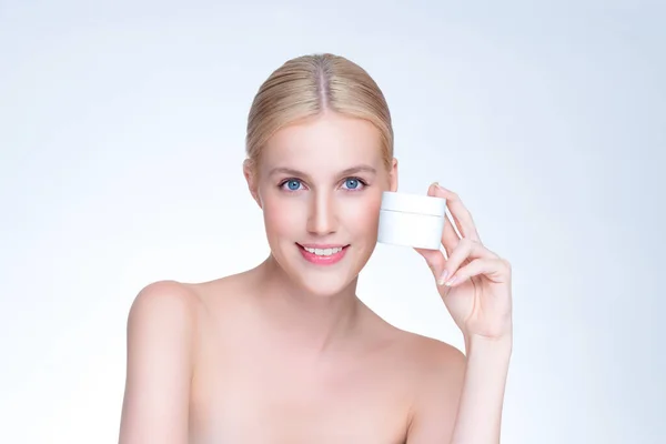 Personable Beautiful Perfect Natural Skin Woman Hold Mockup Jar Moisturizer — Stock Fotó