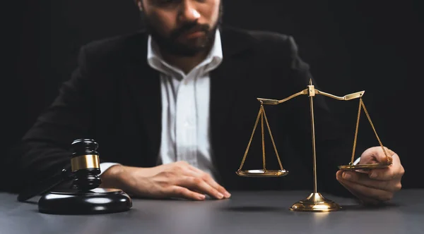 Focus Symbols Justice Gavel Hammer Scale Balance Blurred Background Thoughtful — Stock Photo, Image