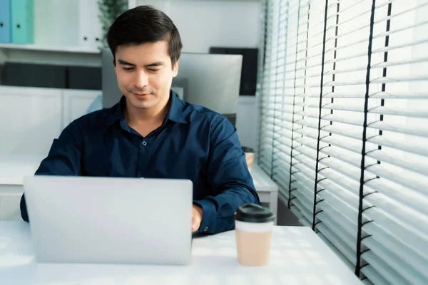Competent Male Employee Sits His Desk Cup Coffee Modern Employee - Stock-foto