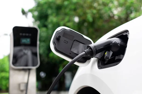 Focus Closeup Electric Vehicle Plugged Charger Device Blurred Background Public — Stok fotoğraf