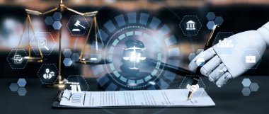 Yapay zeka yasası ve yasal hukuk düzenlemelerinin online teknolojisini tasvir eden hukuki ikonlarıyla avukatlık bürosunda avukatlık araçları kullanan robot el tarafından gösterilen yapay zeka ile ilgili hukuk kavramı