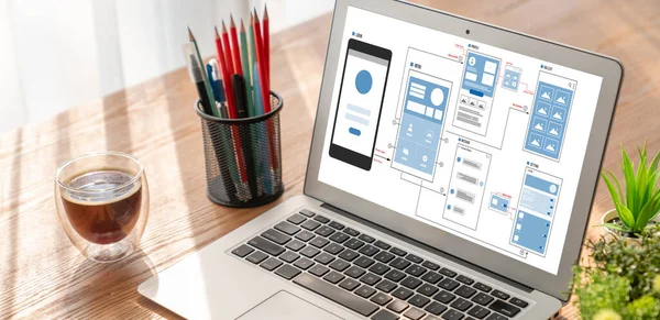 stock image UX UI design process for modish mobile application and website . Creative prototype of wireframe for professional app developer .