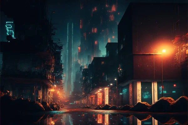 Futuristic cityscape in night time with neon light background like cyberpunk design structure. Megacity or ecumenopolis in future technology design. Superb Generative AI