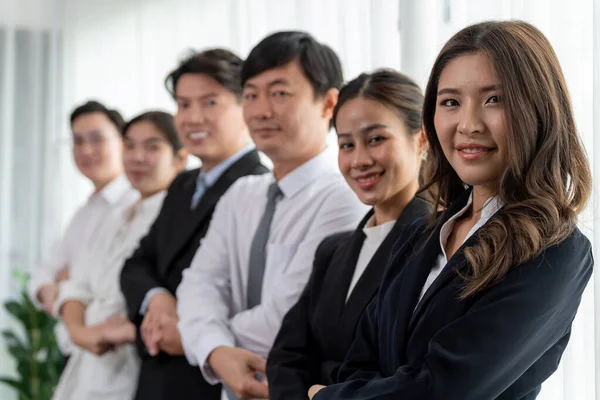 Cohesive Group Businesspeople Standing Row Holding Hand Line Together Meeting — Stockfoto