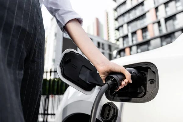 Focus Charger Plug Electric Car Public Charging Station Blur Progressive —  Fotos de Stock