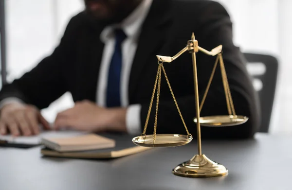 Focus Shiny Golden Balanced Scale Blurred Background Lawyer Working His — Stock Photo, Image