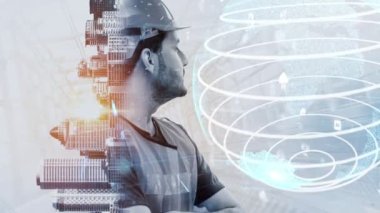 Gelecekteki bina inşaatı ve HUD hologram grafik tasarımı ile yaratıcı mühendislik projesi konsepti. İnşaat mühendisi, mimar ya da inşaat işçisi modern sivil teknoloji ile çalışıyor..