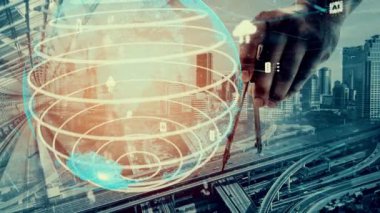 Gelecekteki bina inşaatı ve HUD hologram grafik tasarımı ile yaratıcı mühendislik projesi konsepti. İnşaat mühendisi, mimar ya da inşaat işçisi modern sivil teknoloji ile çalışıyor..