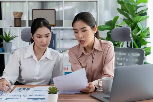 stock image Two young office lady colleagues collaborating in modern office workspace, engaging in discussion and working together on laptop, showcasing their professionalism as modern office worker. Enthusiastic