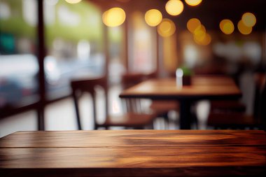 Empty wood table for product display in blur background of admirable restaurant at night