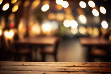 Empty wood table for product display in blur background of admirable restaurant at night