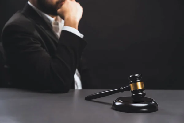 Focus Wooden Gavel Hammer Burred Background Lawyer Black Suit Sit — Stock Photo, Image