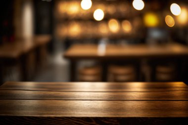 Ahşap masa Bokeh 'li kafe restoranının arka planını bulanıklaştırdı. Kusursuz.