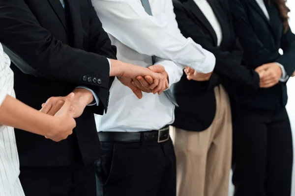Closeup Cohesive Group Businesspeople Standing Holding Hand Line Together Meeting — Fotografia de Stock