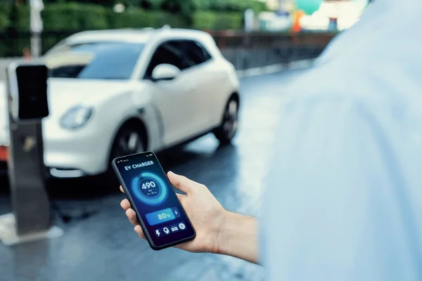 Closeup Progressive Businessman Look Cars Battery Status Application Smart Phone — 스톡 사진