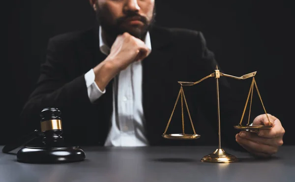 Focus Symbols Justice Gavel Hammer Scale Balance Blurred Background Thoughtful — Stock Photo, Image