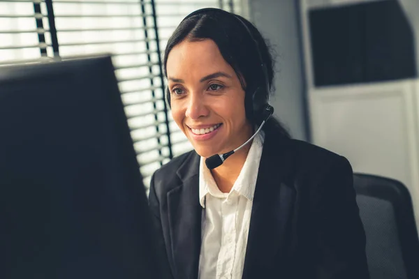 Competent Female Operator Working Computer Talking Clients Concept Relevant Both — Fotografia de Stock