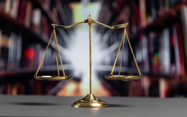 Блестящий Золотой Сбалансированный Масштаб Фоне Судебной Библиотеки Понятие Справедливости Справедливости — стоковое фото