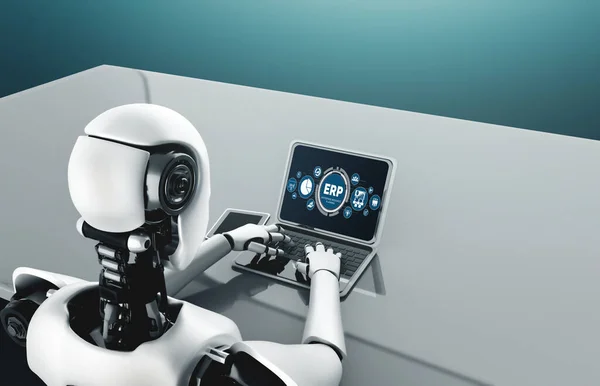 Ilustracja Robot Korzystający Modnego Oprogramowania Komputerowego — Zdjęcie stockowe