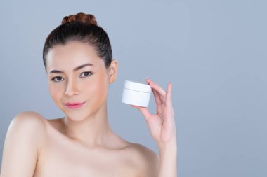 Glamorous beautiful perfect cosmetic skin with soft makeup woman portrait hold mockup jar cream or moisturizer for skincare treatment and anti-aging product advertisement in isolated background.
