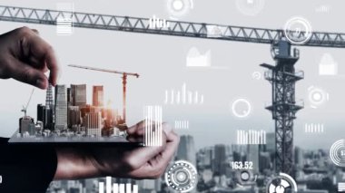 Yenilikçi mimari ve yaratıcı inşaat mühendisliği inşaat projesi. Mimar, işçi ve mühendis tarafından yapılan yaratıcı grafik tasarımı altyapı şehir binası kavramını gösteriyor.