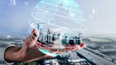 Yenilikçi mimari ve yaratıcı inşaat mühendisliği inşaat projesi. Mimar, işçi ve mühendis tarafından yapılan yaratıcı grafik tasarımı altyapı şehir binası kavramını gösteriyor.