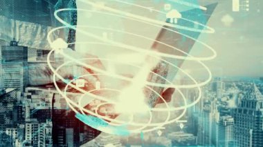 Gelecekteki bina inşaatı ve HUD hologram grafik tasarımı ile yaratıcı mühendislik projesi konsepti. İnşaat mühendisi, mimar ya da inşaat işçisi modern sivil teknoloji ile çalışıyor..