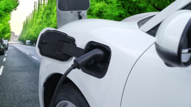 Postępowa Koncepcja Świadomości Ekologicznej Samochodów Elektrycznych Stacji Ładowania Wzgórzu Samochód — Wideo stockowe