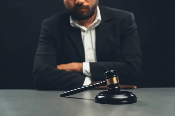Focus Wooden Gavel Hammer Burred Background Lawyer Black Suit Sit — Stock Photo, Image