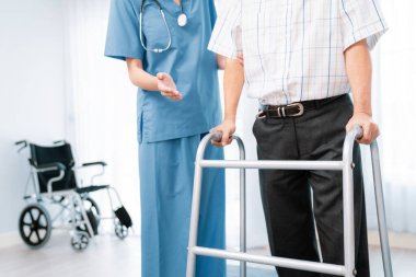 Physiotherapist assists her contented senior patient on folding walker. Recuperation for elderly, seniors care, nursing home.