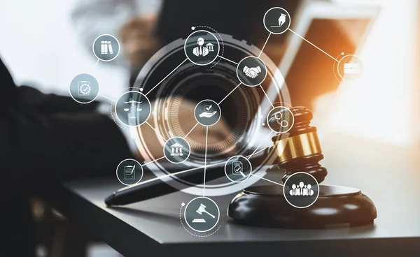 stock image Smart law, legal advice icons and lawyer working tools in the lawyers office showing concept of digital law and online technology of astute law and regulations .